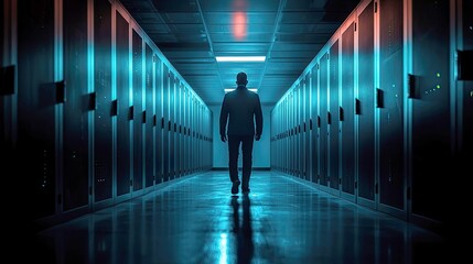 A lone figure walks through a futuristic data center, representing the power and mystery of modern technology and digital information.