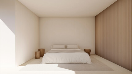 Minimalist Bedroom Design: Sunlit sanctuary. A serene and minimalist bedroom design featuring a plush bed, wooden accents, and natural light streaming through a large window.