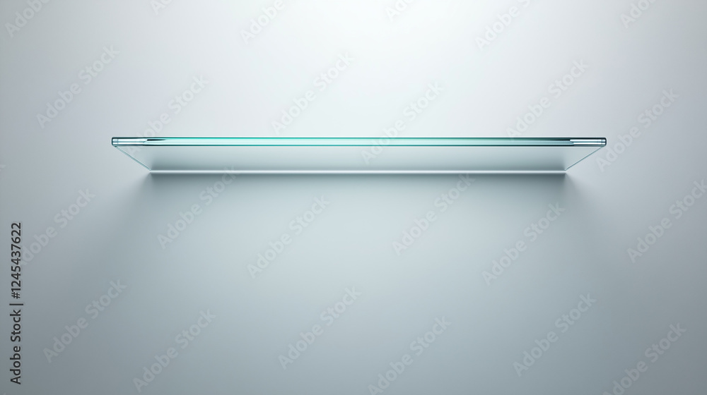 Poster floating glass shelf: a minimalist glass shelf extends horizontally, casting a subtle shadow against