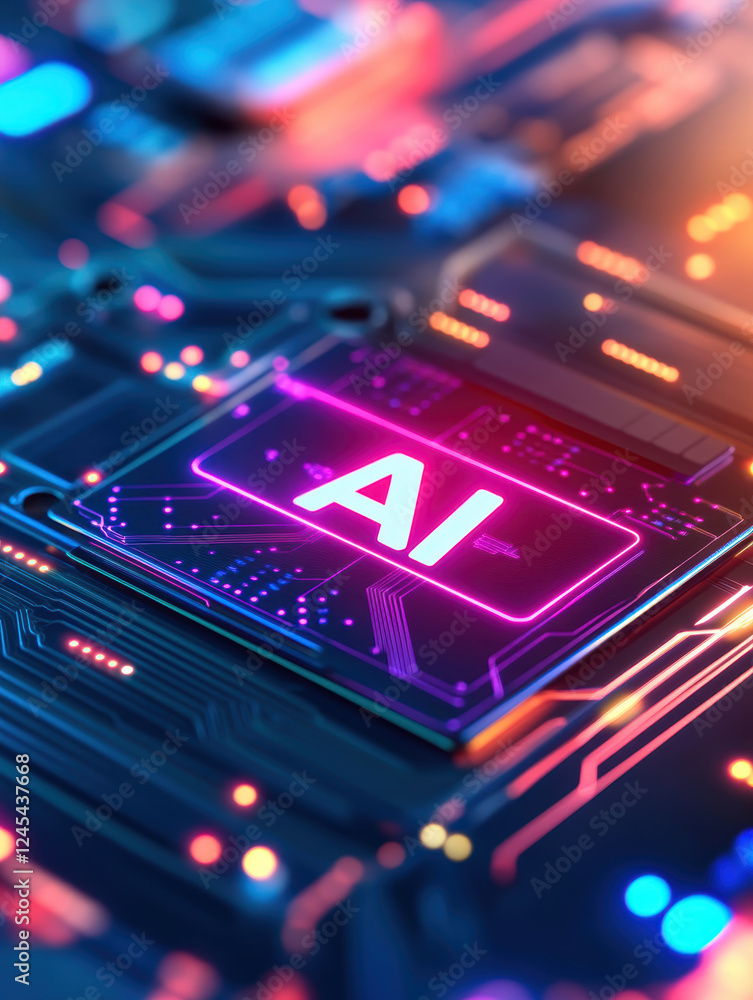 Poster modern computer chip with ai inscription. ai generative.