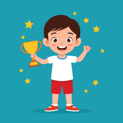 Cute Little Kid Boy Holding Trophy and Feel Happy - Cartoon Vector Illustration