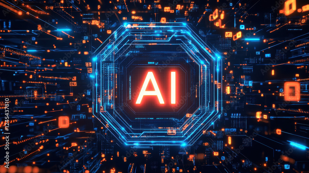 Poster abstract futuristic digital background with a glowing circuit board and the text 