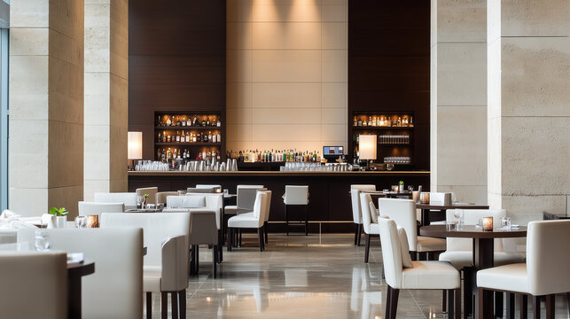 Modern Restaurant Interior: Sleek and sophisticated restaurant interior design, featuring a stylish bar, elegant seating arrangements, and a contemporary ambiance.