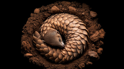 Pangolin curled in the dirt: A Pangolin with distinctive scaly skin is curled up in a ball of protection, surrounded by dirt, captured in a moment of vulnerability.