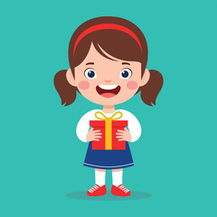 Happy Little Kid Holding a Gift Box - Cartoon Vector Illustration