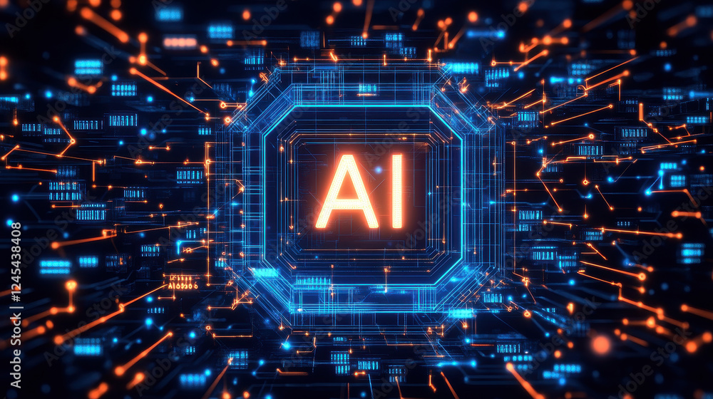 Poster abstract futuristic digital background with a glowing circuit board and the text 