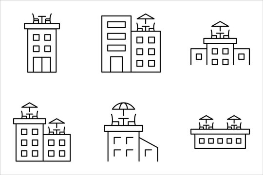 Rooftop deck linear icon set. Panoramic terrace. Luxurious penthouse balcony. vector illustration on white background