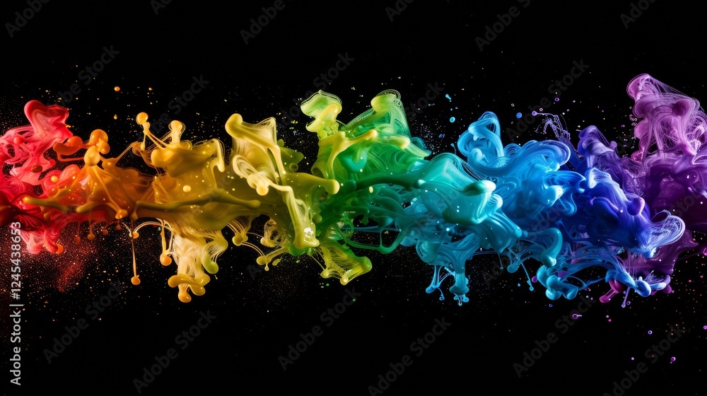 Poster dynamic colliding liquid droplets creating colorful splashes and patterns in midair