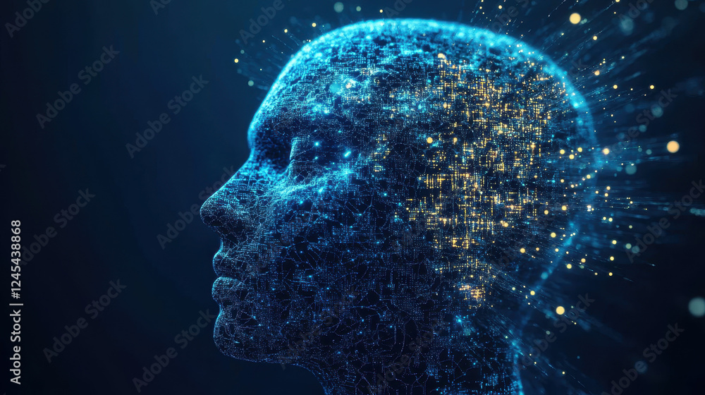 Poster abstract human head profile with glowing digital connections and data flow, symbolizing the concept 
