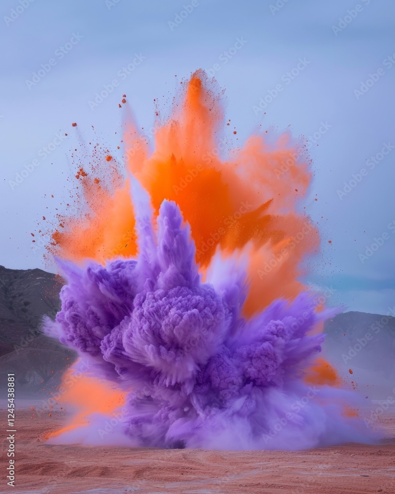 Poster dynamic color explosion: vibrant powder clouds suspended in mid-air creating a visual spectacle of c