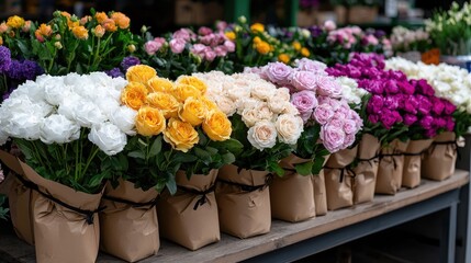 Fototapeta premium Colorful rose bouquets at market stall