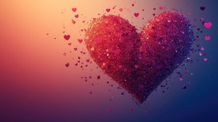 Sparkling heart made of glittering hearts on a gradient background