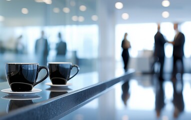 Fototapeta premium Two black coffee cups on a sleek table with business professionals discussing in the background. Ideal for themes of corporate culture, networking, and productivity.