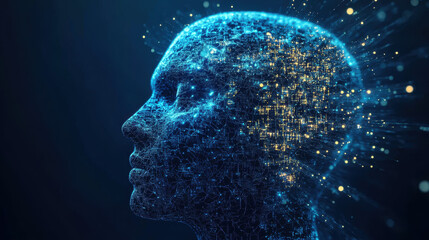 Abstract human head profile with glowing digital connections and data flow, symbolizing the concept of artificial intelligence technology