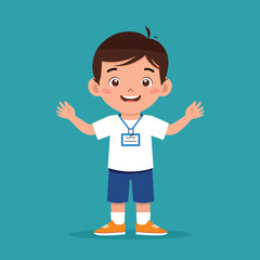 Happy Cute Little Kid Wear a Name Tag - Flat Vector Illustration