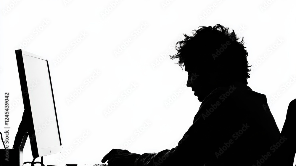 Poster silhouette of a person working on a computer at a desk, with a minimalistic background
