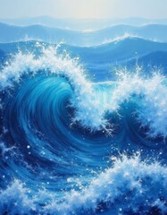 Rolling blue ocean wave with foamy white spray