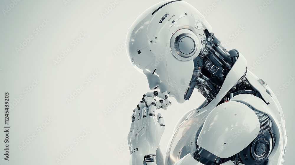Poster contemplative robot: a sleek, humanoid robot with intricate detailing is depicted in a thoughtful po