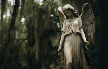 Obraz premium In a serene and enchanting forest, there stands a captivating statue depicting a graceful woman adorned with magnificent angel wings, harmoniously blending with the natural surroundings