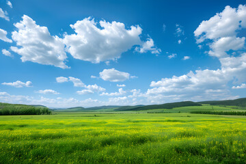 Obraz premium Grassland and woods under the blue sky and white clouds