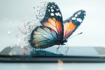 Beautiful butterfly resting on a sleek laptop keyboard