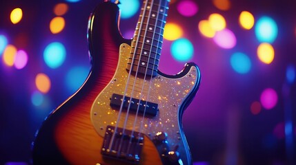Obraz premium Bass Guitar Under Stage Lights: A Vibrant Concert Setup