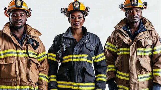 Confident group of African male and female firefighters in full gear, united on a white background. High-quality raw shot.