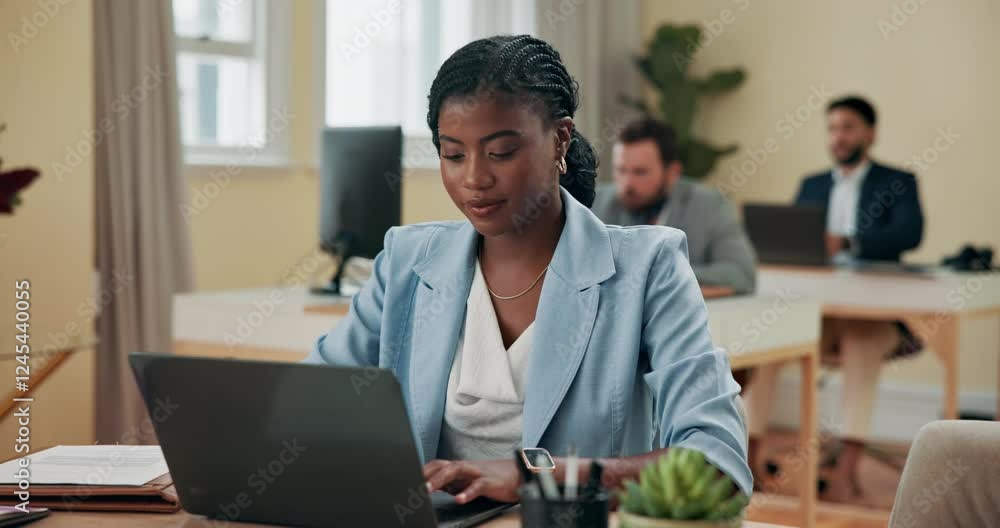 Poster laptop, typing and business woman in office, coworking or secretary reading email for booking schedu
