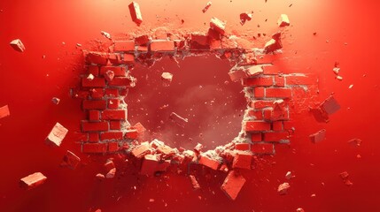 Red bricks exploding from a wall creating a hole.