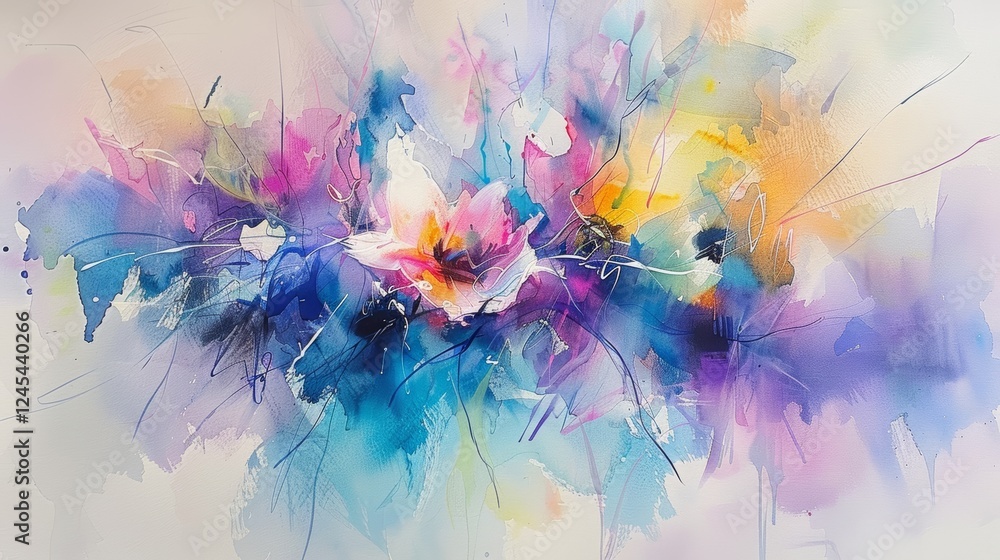 Poster dynamic watercolor explosion: vibrant splashes of color on white canvas inviting creativity and joyf
