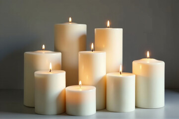 A collection of pillar candles with various heights and diameters. creativity hobby and handicrafts, diy, background for design.