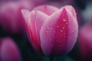Close-up of a dewy pink tulip in soft morning light