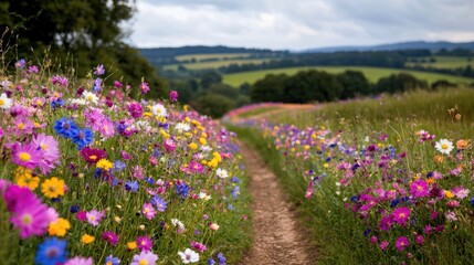 Wildflower path, rolling hills, summer day, scenic landscape, nature photography
