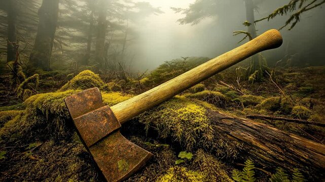 Wooden axe rests on moss-covered log in misty forest, highlighting tools of nature and craftsmanship during dawn