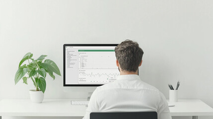 Focused on the Task: A man in a crisp white shirt sits at his desk, intensely focused on a computer screen, illustrating the dedication and concentration required for professional success.  