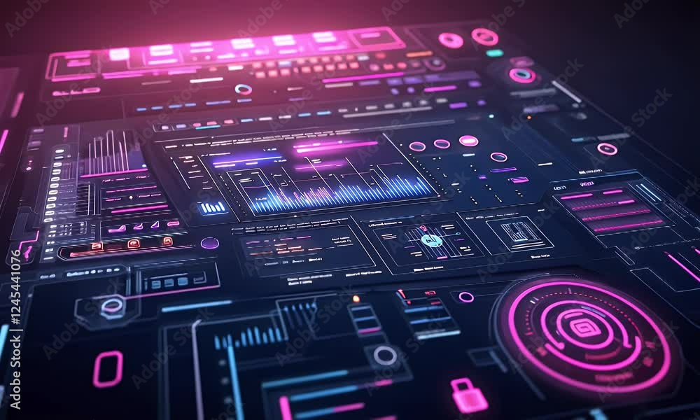 Aufkleber futuristic digital dashboard displays data analytics; glowing interface