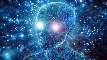 Obraz premium Digital illustration of an AI head with digital connections and glowing lights, symbolizing artificial intelligence technology in the background