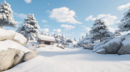 Winter Wonderland Village: A picturesque snow-covered village nestled amongst snow laden pine trees, bathed in the soft light of a winter's day.