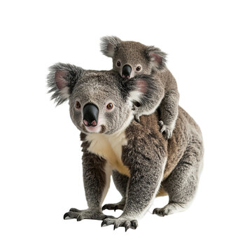 An Australian marsupial koala with a baby koala joey riding on its back, on a transparent png background