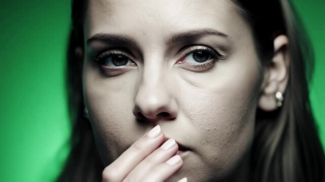Static close-up video of a woman with a unibrow, expressing thoughtful consideration, monochrome green background, soft diffused light, brow furrowed, gaze focused, finger lightly against chin