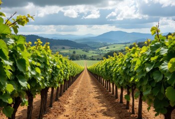 Naklejka premium Vineyard Row Leading to Distant Hills Under Cloudy Skies