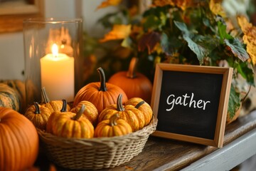 Festive Thanksgiving setup with pumpkins candles and cozy decor