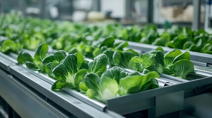 Bok choy or pakcoy move along a conveyor belt in a food processing plant