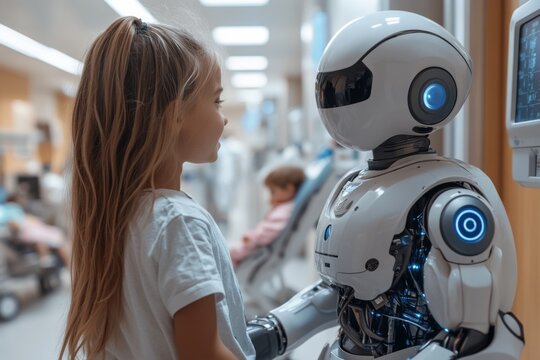 Robot teaching a young girl in an interactive futuristic classroom