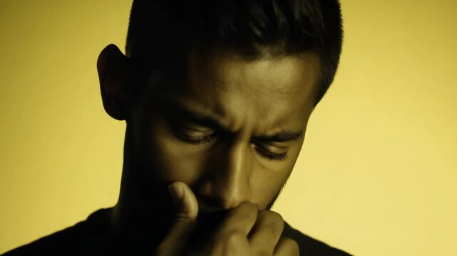 Static close-up video of a man with a prominent adam's apple expressing vulnerability, monochrome yellow background, soft diffused light, establishing scene, his gaze is slightly downcast