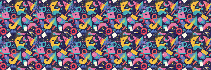 Seamless pattern with geometric shapes in the style. Multicolored vintage background with triangles, circles and squares for textile, fabric and Sudanese fabric art.