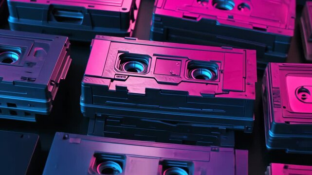 Vibrant retro cassette collection in neon light transitions