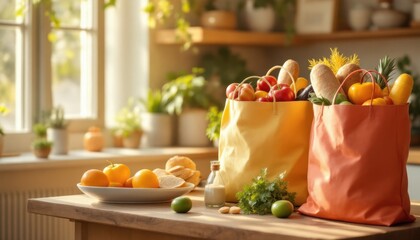 Obraz premium Vibrant grocery bags filled with fresh produce in cozy sunlit kitchen