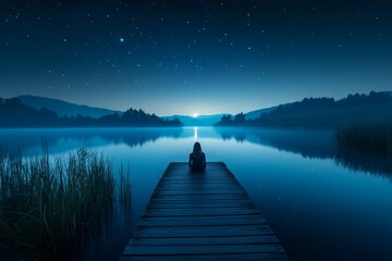 Fototapeta premium Peaceful view of a lake and mountains under a starry night sky