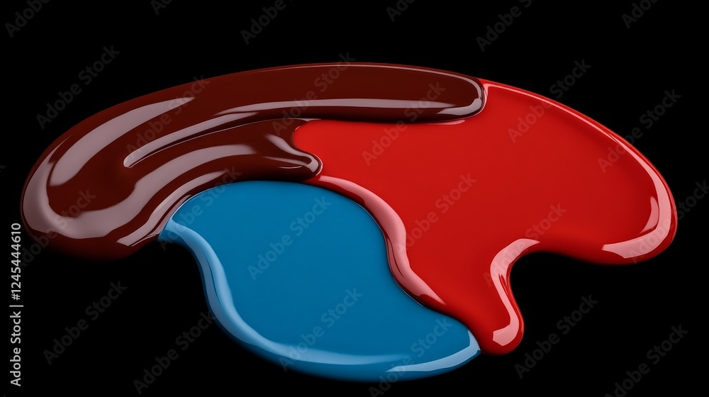 Poster abstract paint swirls: a vibrant splash of red, blue, and brown paint swirls across a black backgrou